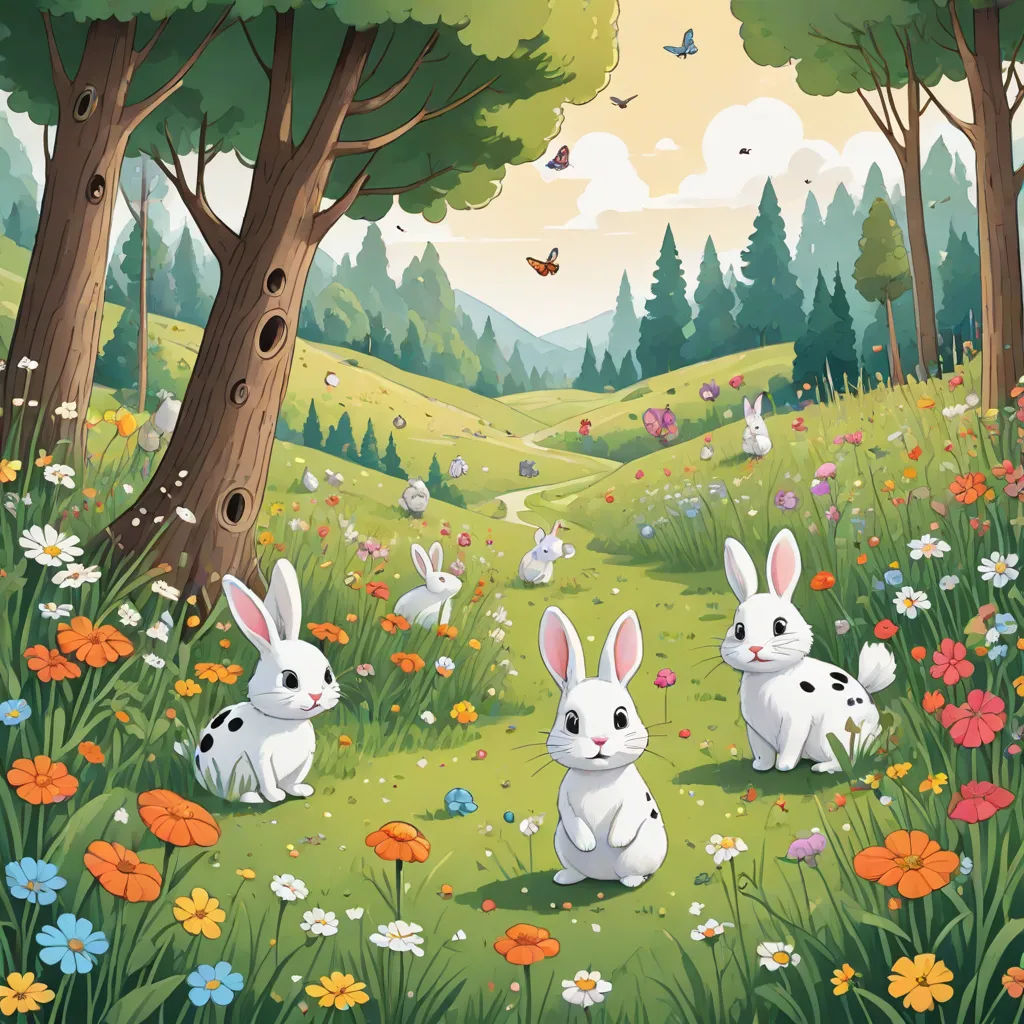 a painting of three rabbits in a field of flowers and trees with a butterfly flying overhead in the sky, a storybook illustration, Chris LaBrooy, pop surrealism, rossdraws global illumination