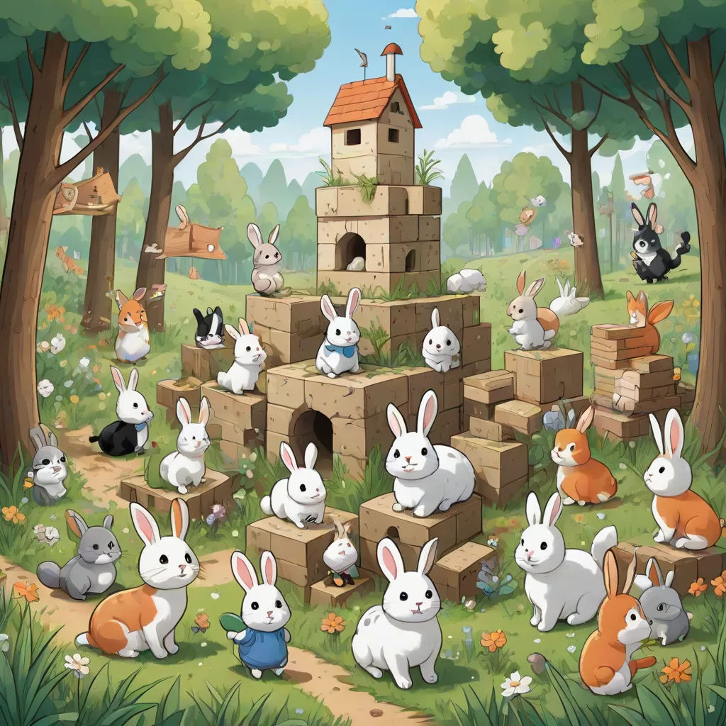 a group of rabbits in a forest with a castle and a doghouse in the background with a birdhouse in the middle, a storybook illustration, Chris LaBrooy, furry art, furaffinity