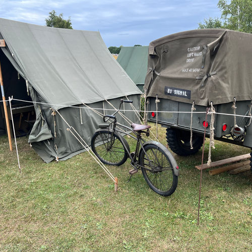 A Columbia bicycle is pictured in front of the 1-ton Ben Hurr trailer, used to transport hospital equipment from site to site.