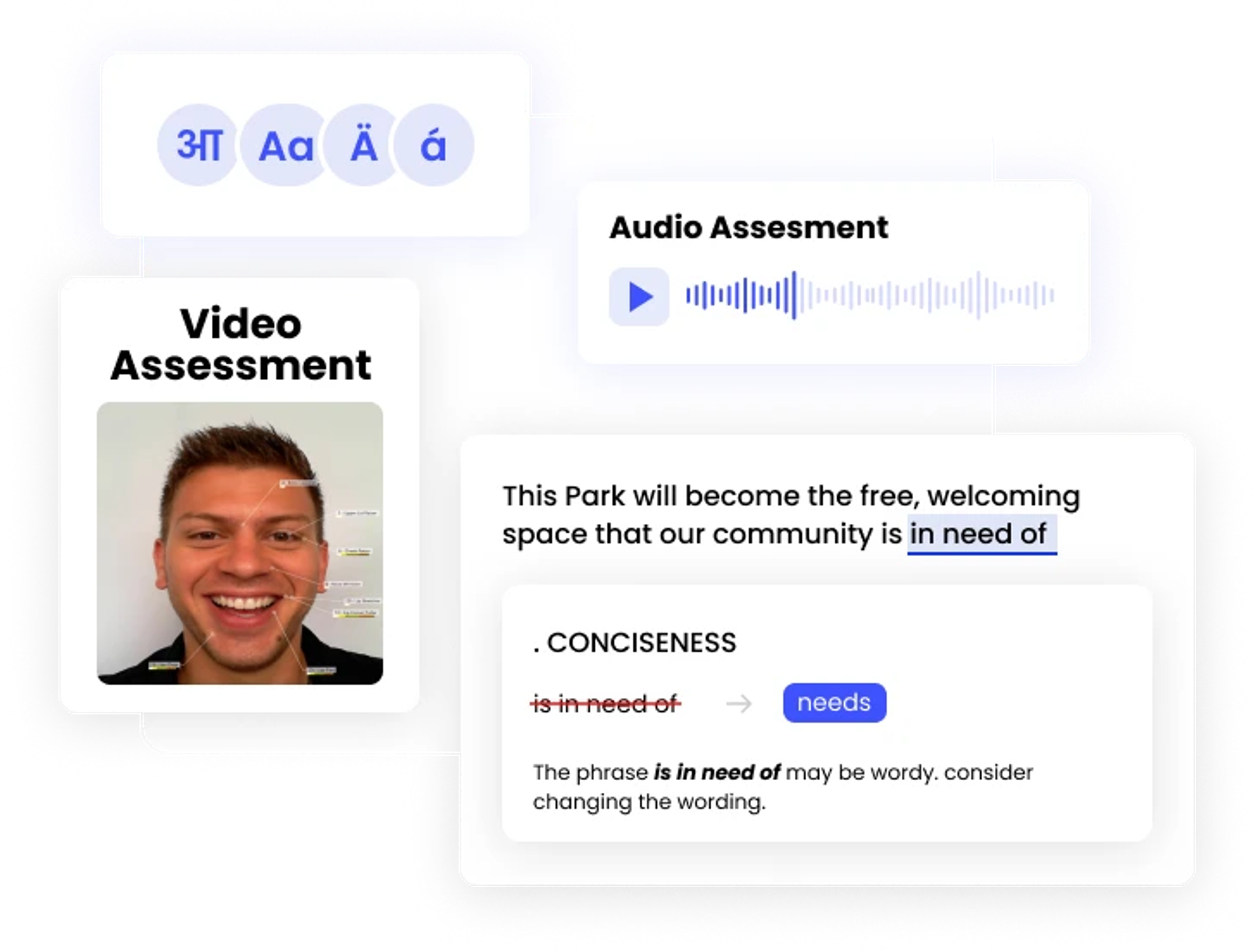 Video and audio assessment interface with conciseness scoring