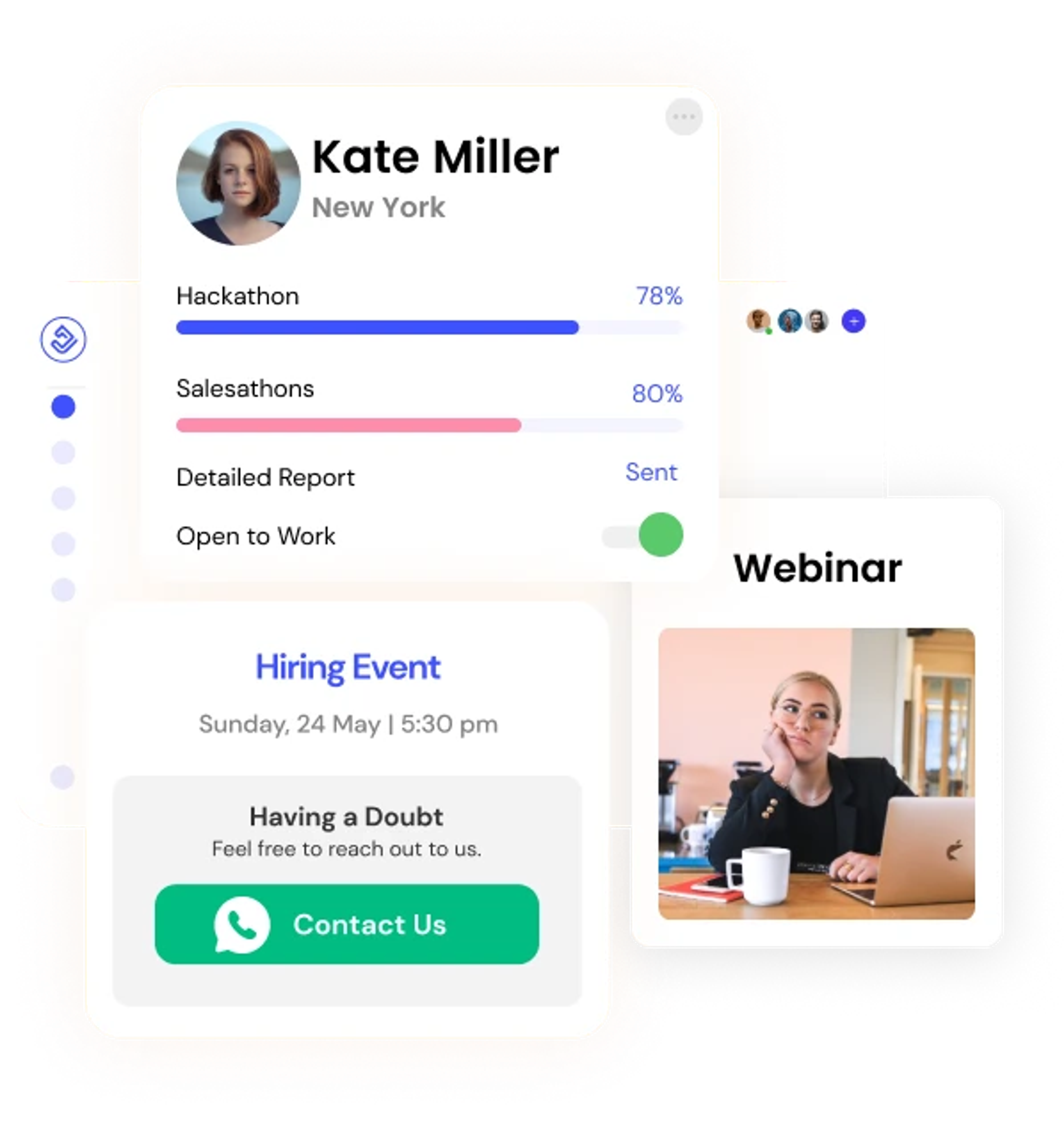 Student profile dashboard with detailed reports, hiring events, and webinars