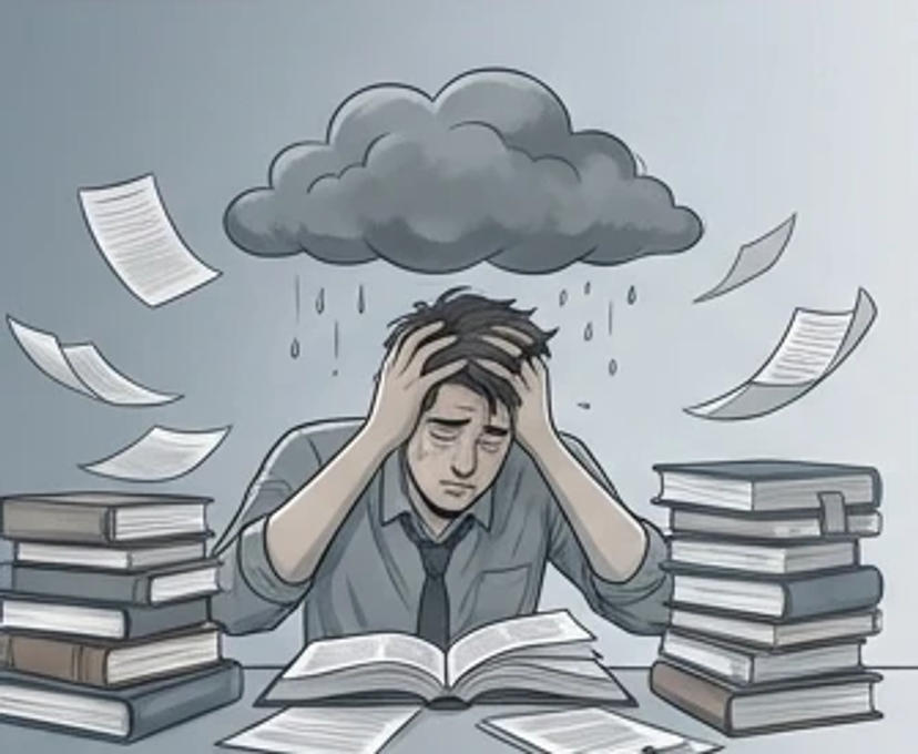Student stressed, buried in textbooks and papers