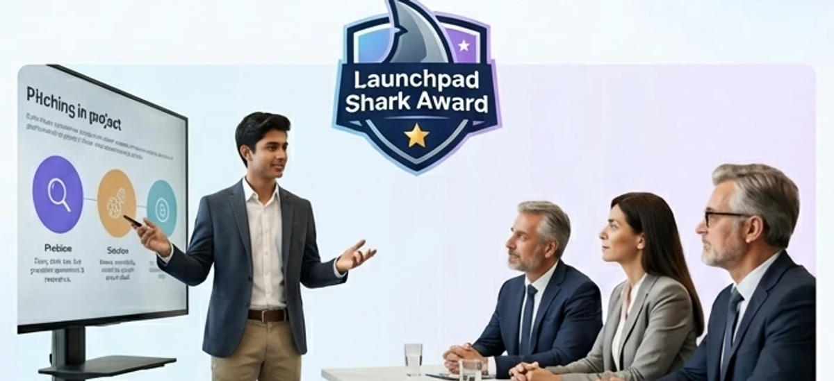Student presenting to a panel of industry mentors in a Shark Tank-style session