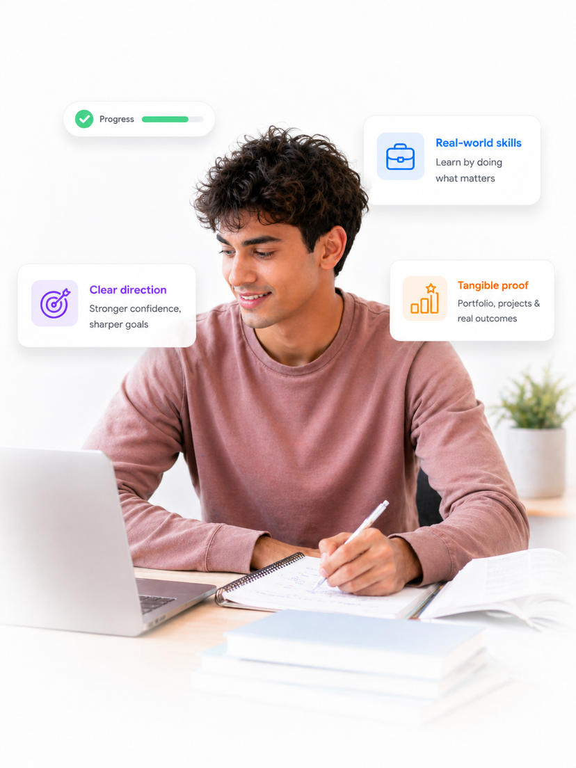 Confident student sitting cross-legged with a laptop and notebooks, smiling