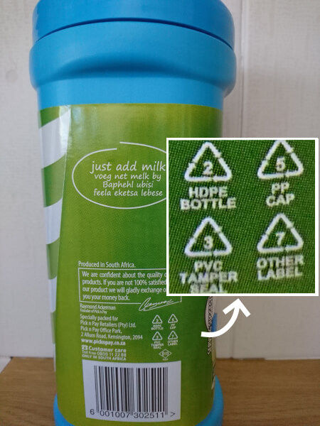 Plastic bottle with recycle codes Flavoured milk powder container with plastic recycle codes
