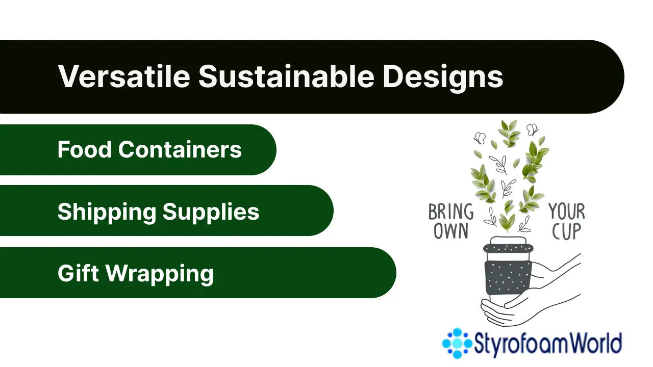Illustration of versatile applications of sustainable designs in industries like food service, shipping, and retail.