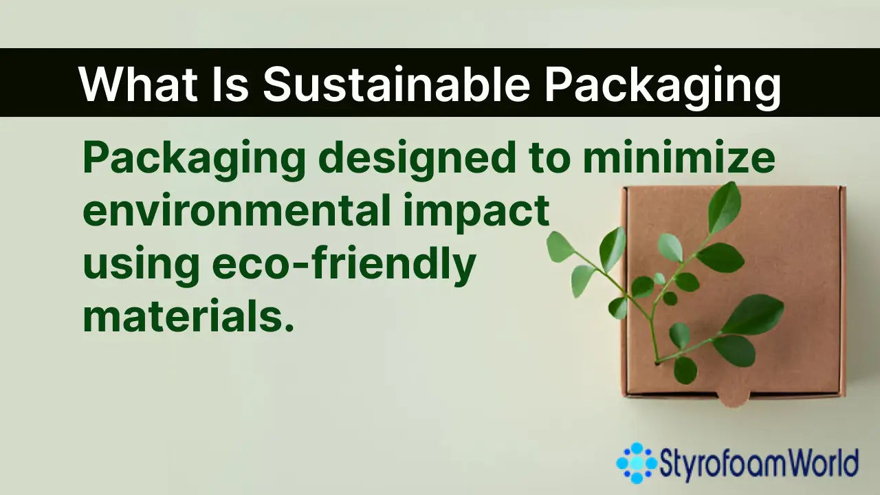 Illustration explaining sustainable packaging, highlighting eco-friendly materials and reduced environmental impact.