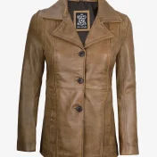 Women’s Camel Brown Three Button Leather Blazer
