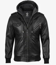 Men’s Black Bomber Leather Jacket with Hood
