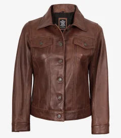 Women’s Cognac Brown Leather Trucker Jacket