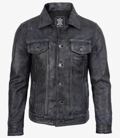 Men’s Black Distressed Leather Trucker Jacket