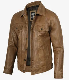 Men’s Camel Brown Leather Trucker Jacket
