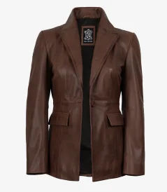 Women’s Cognac Wax Single‑Button Leather Blazer