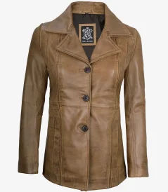 Women’s Camel Brown Three Button Leather Blazer