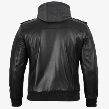 Men’s Black Bomber Leather Jacket with Hood