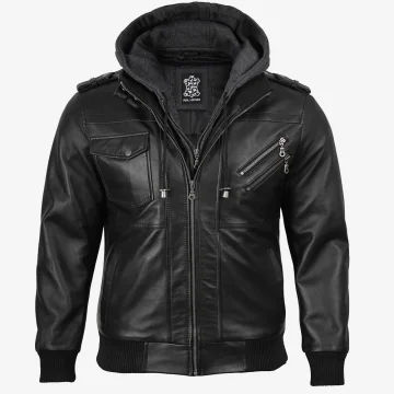 Men’s Black Bomber Leather Jacket with Hood