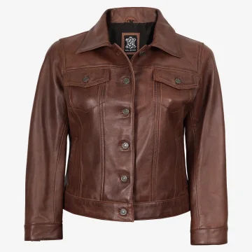 Women’s Cognac Brown Leather Trucker Jacket