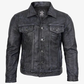 Men’s Black Distressed Leather Trucker Jacket