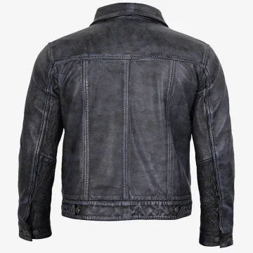 Men’s Black Distressed Leather Trucker Jacket