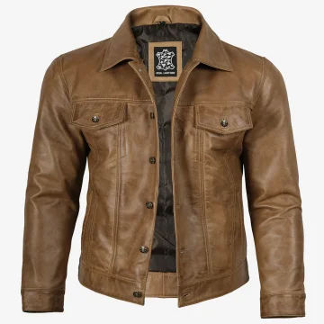 Men’s Camel Brown Leather Trucker Jacket