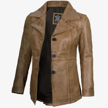 Women’s Camel Brown Three Button Leather Blazer