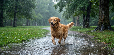 Golden Retriever running in the rain splashing water on a muddy park trail.