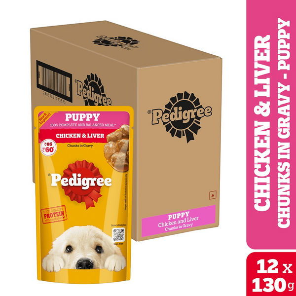 Pedigree Chicken and Liver Chunks in Gravy Pouch Puppy Dog Wet Food (130g)