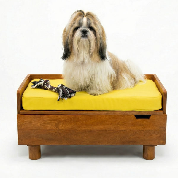FurryLiving Hibachi Bed with Storage for Dogs (Honey/Yellow Cushion)