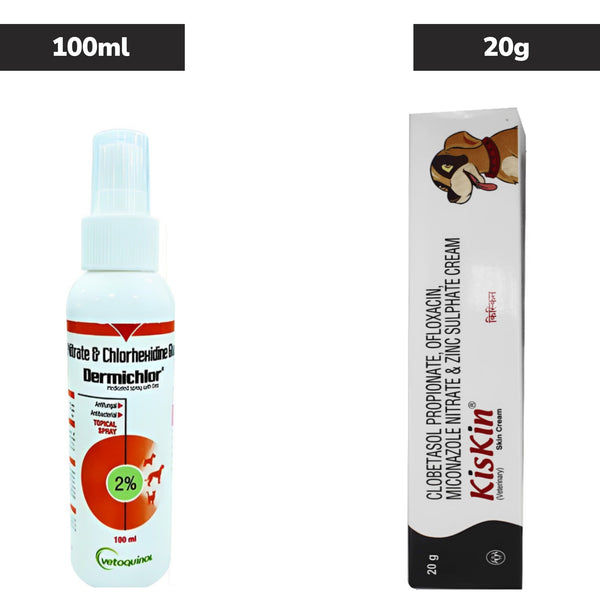 Vetoquinol Dermichlor Antibacterial Antifungal Spray (100ml) and Intas Kiskin Ointment (Cream) (Corticosteroid) 20g for Dogs & Cats Combo