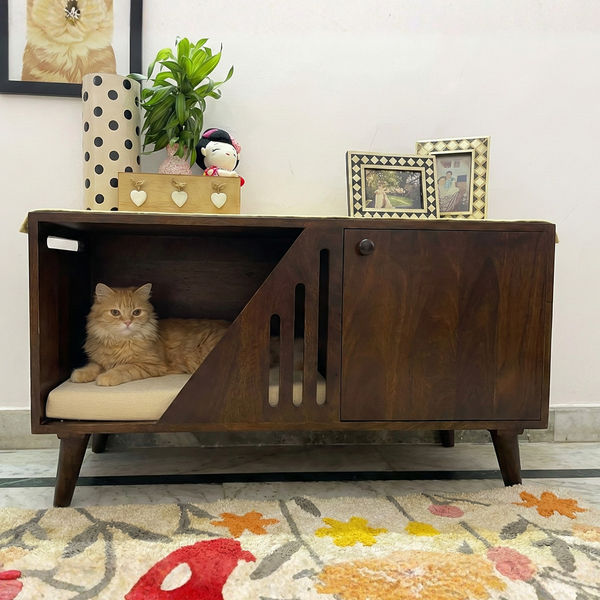 FurryLiving Benji Cabinet with Cushion for Small Dogs and Cats (Dark Brown/ Cream Cushion)