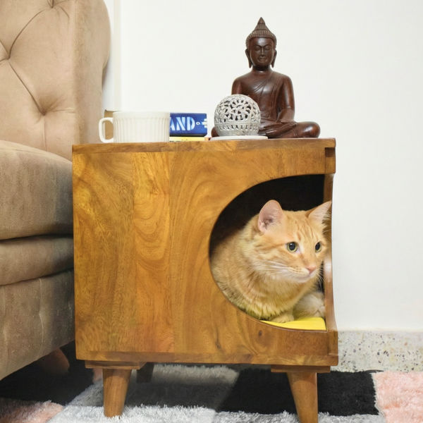 FurryLiving Wally Side Table with Cushion for Small Dogs and Cats (Honey/Yellow Cushion)