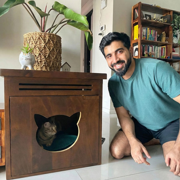 FurryLiving Meraki Cabinet with Cushion for Small Dogs and Cats (Dark Brown/ Red Cushion)