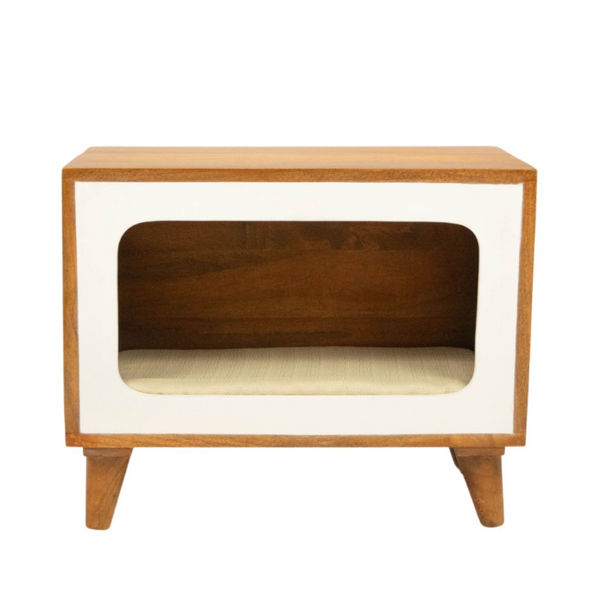 FurryLiving Telly Side Table with Cushion for Small Dogs and Cats (Honey/Cream Cushion)