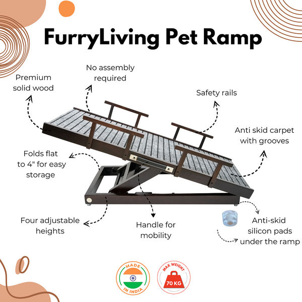 FurryLiving Wooden Ramp with Safety Rails for Dogs and Cats (Dark Brown)