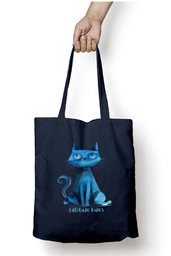 EverythingBoho Catitude Zipped Tote Bag (Navy Blue)