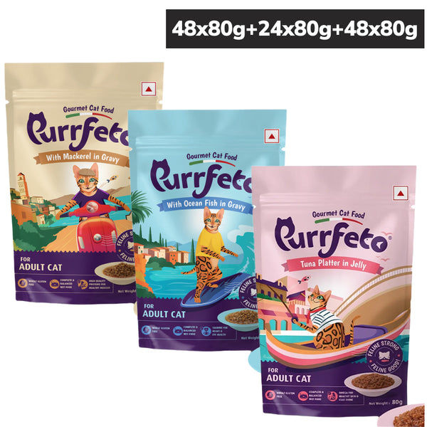 Purrfeto Mackerel in Gravy and Ocean Fish in Gravy and Tuna Recipe in Jelly Combo Adult Cat Wet Food