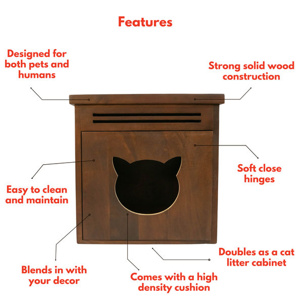 FurryLiving Meraki Cabinet with Cushion for Small Dogs and Cats (Dark Brown/ Red Cushion)