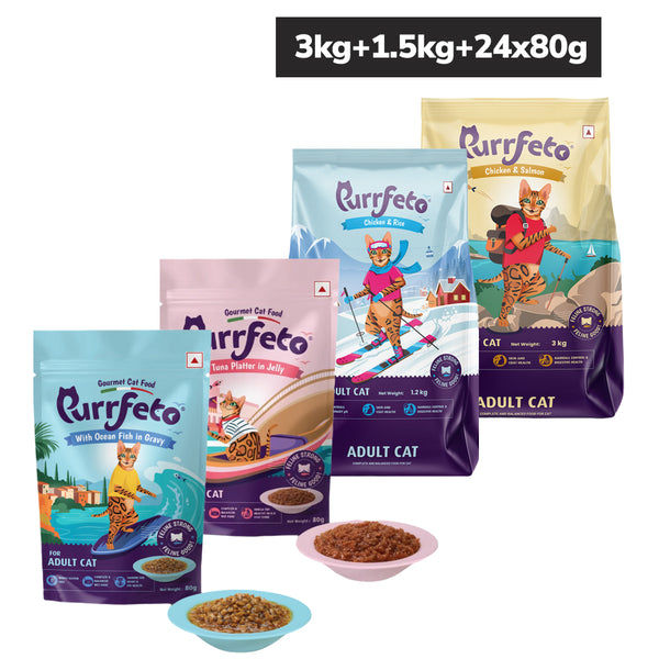Purrfeto Chicken & Salmon and Chicken & Rice and Tuna Recipe in Jelly and Ocean Fish in Gravy Combo Adult Cat Wet Food