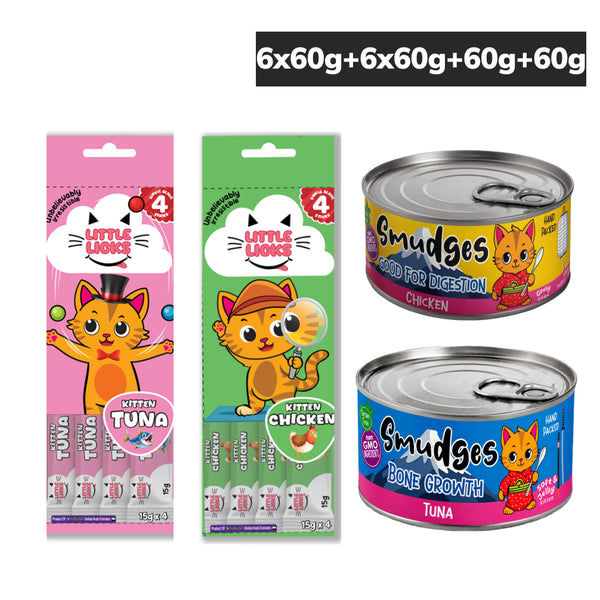 Smudges Chicken Shredded in Gravy and Tuna in Soft Jelly Wet Food Little Licks Chicken and Tuna Creamy Bisque Kitten Cat Treats