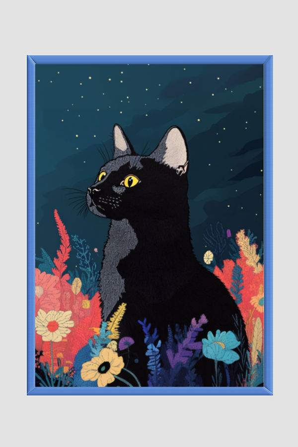 EverythingBoho The Black Cat Artistic Framed Art (Royal Blue)