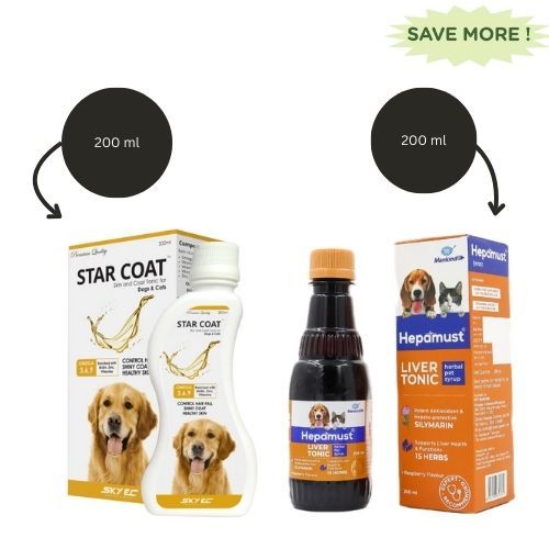 Skyec Star Coat Omega 3 + 6 Syrup (200ml) and Mankind Hepamust Liver Tonic Appetite Booster (200ml) for Dogs and Cats Combo