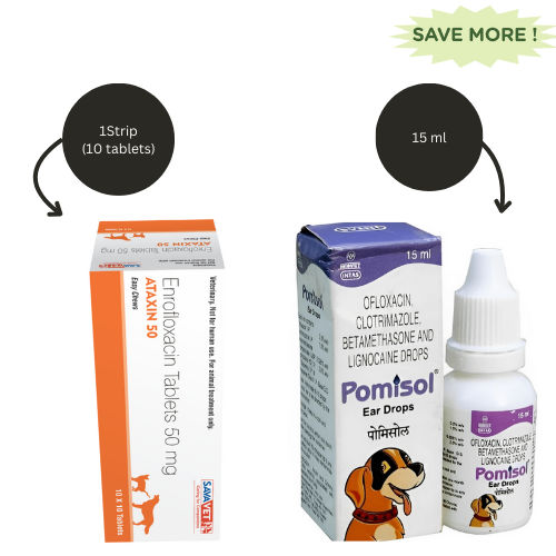 Savavet Ataxin 50mg (Enrofloxacin) Tablet (Pack of 10) And Intas Pomisol Ear Drops for Dogs & Cats (15ml) Combo