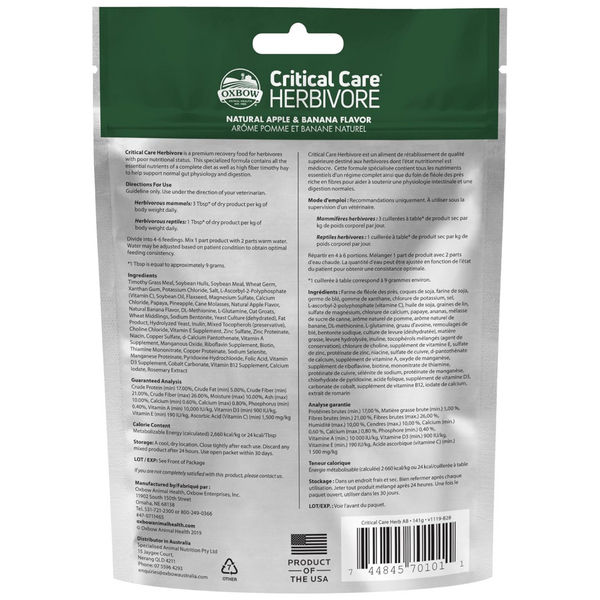 Oxbow Critical Care Apple and Banana Herbivore Dry Food for Rabbits and Guinea Pigs