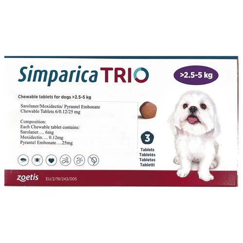 Zoetis Simparica Trio (Sarolaner) Tick and Flea Control Tablet for Dogs (pack of 3 tablets)