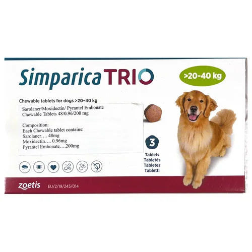 Zoetis Simparica Trio (Sarolaner) Tick and Flea Control Tablet for Dogs (pack of 3 tablets)