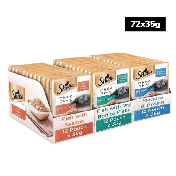 Sheba Fish with Sasami, Dry Bonito Flake and Maguro & Bream Fish Mix Premium Cat Wet Food Combo
