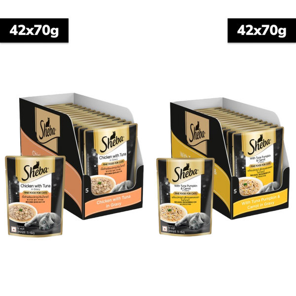 Sheba Tuna Pumpkin & Carrot In Gravy and Chicken With Tuna In Gravy Rich Premium Adult  Fine Cat Wet Food Combo
