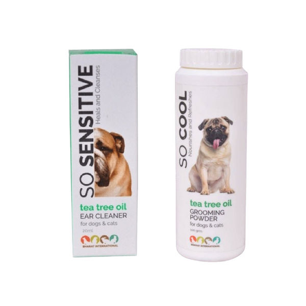 BI Grooming Cool Tea Tree Oil Powder and Sensitive Tea Tree Oil Ear Cleaner for Dogs and Cats Combo