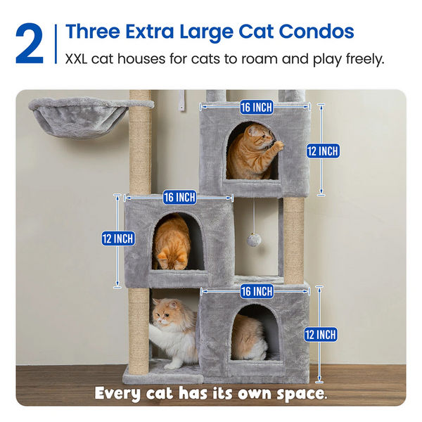 Furrlovers Multilevel Fur Fabric Cat Tree with Condos, Hanging Ball & Jute Rope Scratching Posts (Grey)