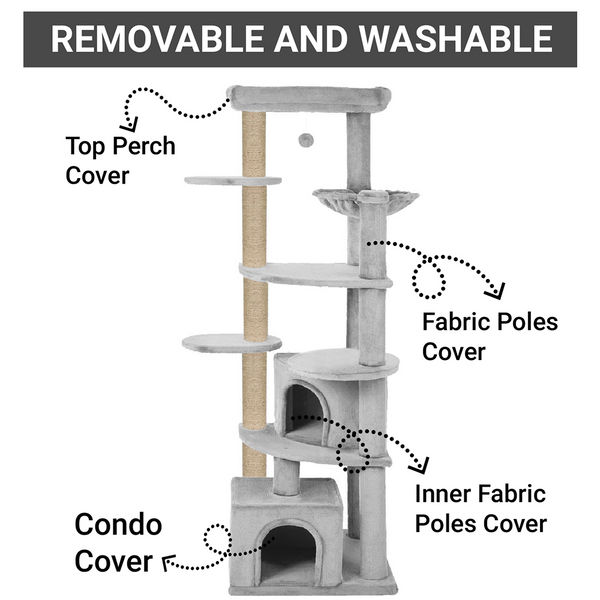 Furrlovers Multilevel Cat Tree with Scratching Posts, Condo & Top Bed with Jute Rope (Grey)